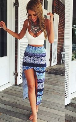 F2403 Sexy Spaghetti Strap Low Cut Tank Top + Printed Asymmetrical Skirt Twinset